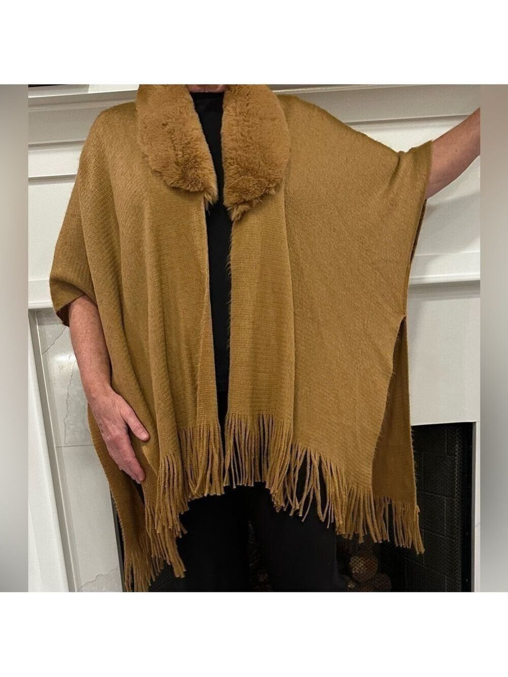 Vince Camuto Faux Fur Collar Camel color Cape/Poncho, 5” Fringe on Lower Hem - Picture 2 of 16